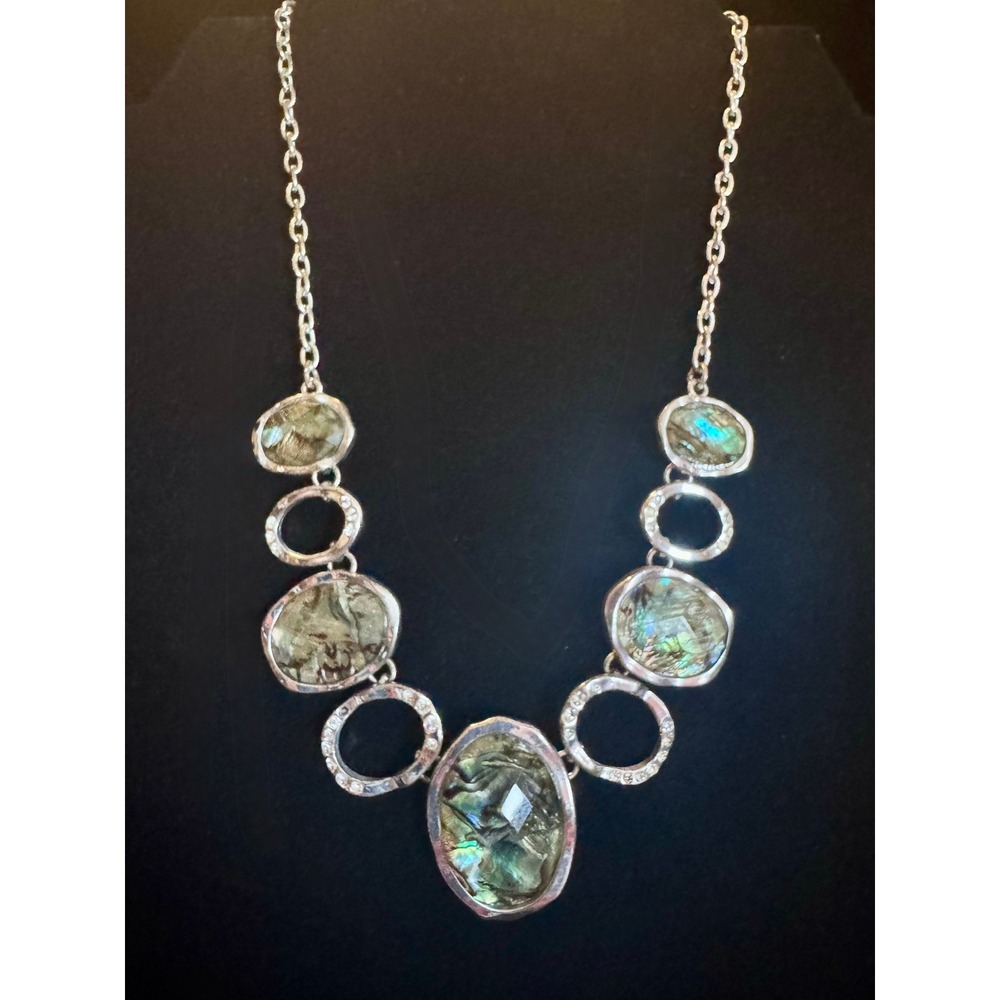 Dana Buchman Silvertone Necklace Facet Iridescent Abalone Bib Beach CoastWestern